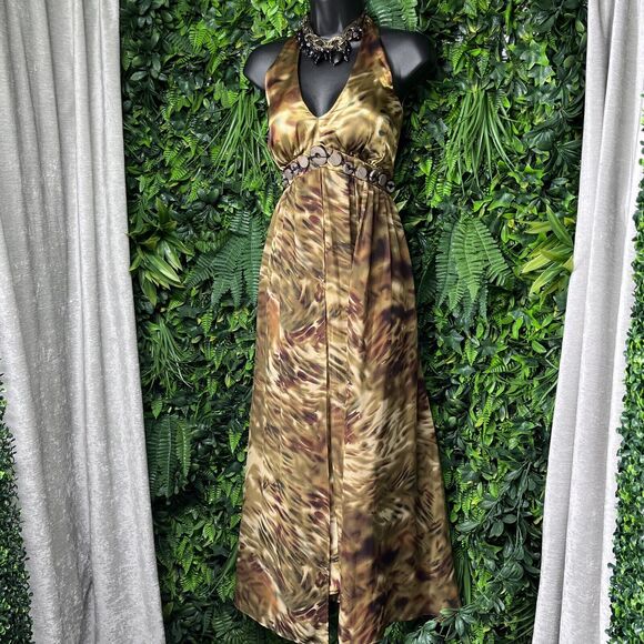 Vintage ROBBI BEE Dress Women 10 Brown Gold Halter Neck Flowy Sheer Overlay 2303 - Picture 1 of 8